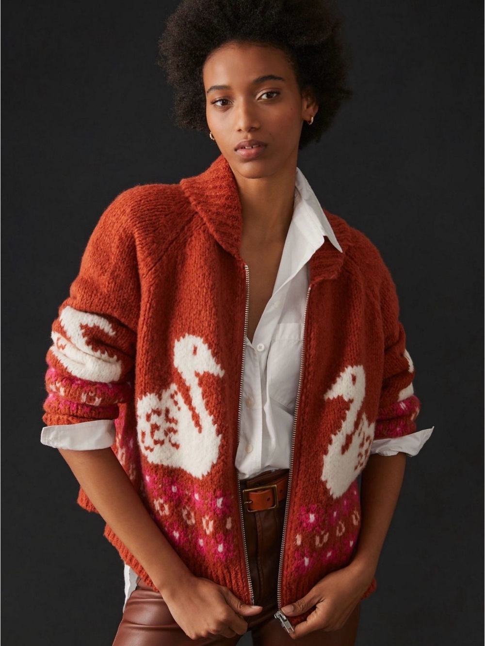 Anthropologie Rust Zip-Up Sweater with White Swan Motif and Pink Accent